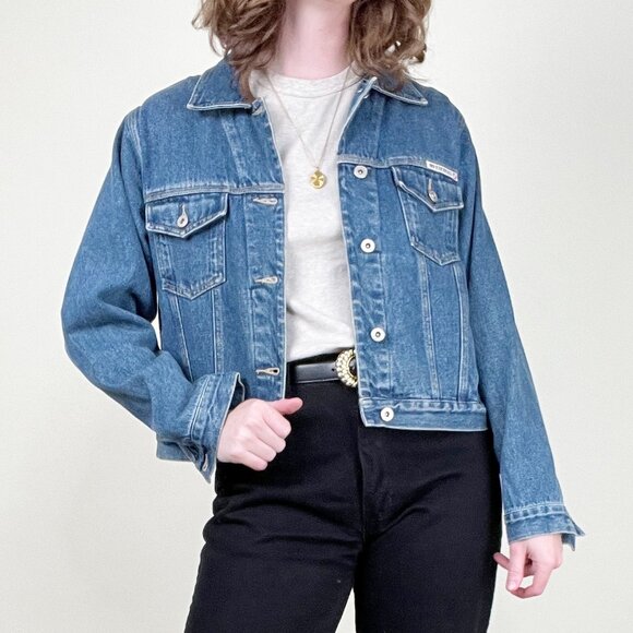 Vintage 90s Cropped Denim Jacket Jean Coat Oversized Relaxed Fit Crop 1990s Y2K - Picture 1 of 7